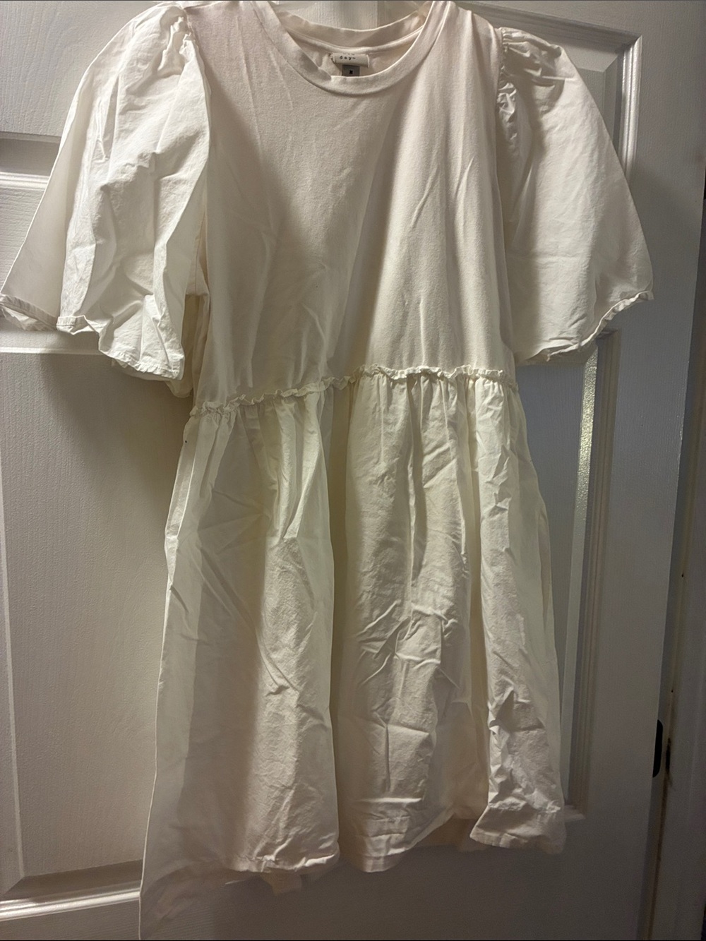Women’s white/Cream Puff-Sleeve “A New day” babydoll dress.